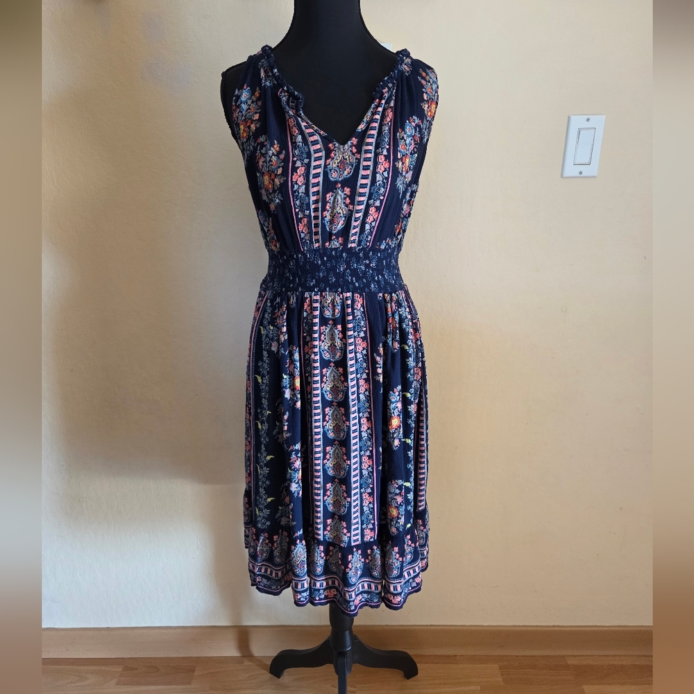 Bila Blue and Pink Boho Hippie Y2K Festival Sleeveless Smock Waist Dress Small
